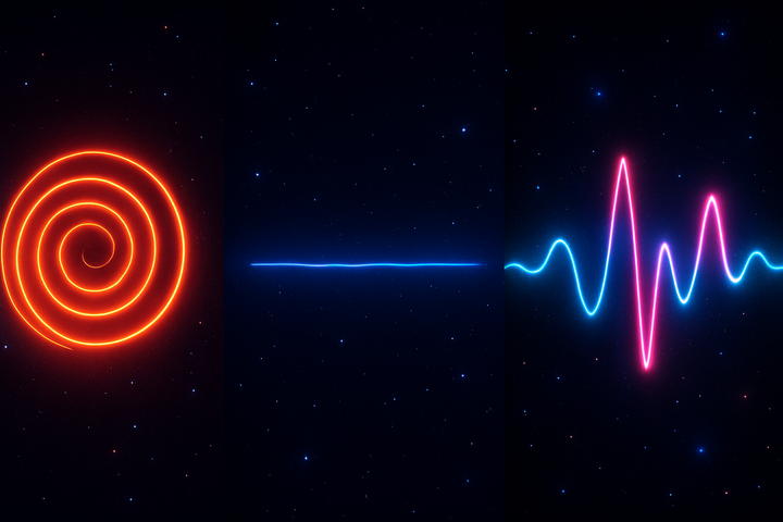 Geometric visualization showing three distinct patterns representing sympathetic lock, dorsal collapse, and oscillatory failure modes in the autonomic nervous system