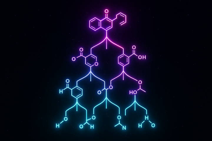 Molecular construction pathway visualized as recursive assembly tree