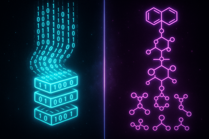 Information theory vs assembly theory visualization showing pattern compression vs construction depth