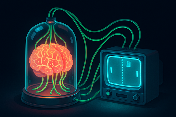 Petri dish cosmos with bioluminescent cell culture forming spiral galaxy—cellular cognition meets cosmic scale