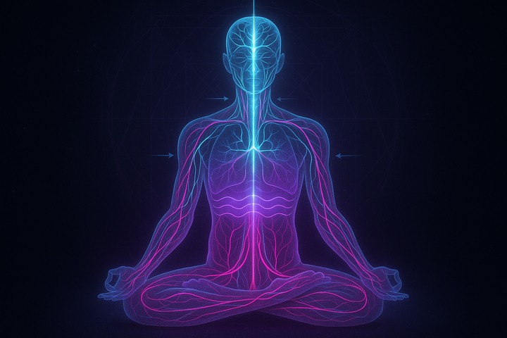 Meditating figure showing anatomical systems as contemplative technology