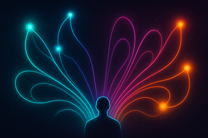 Agent at decision point with branching policy trajectories color-coded by expected free energy