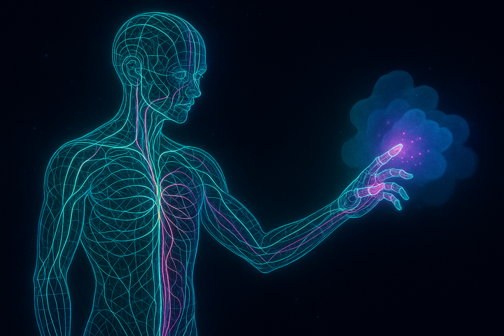 Humanoid robot wireframe with luminous sensorimotor pathways and prediction-error flows