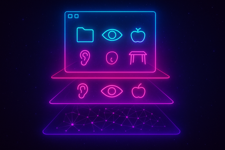 Desktop interface metaphor for perception—translucent layers showing interface hiding computational complexity