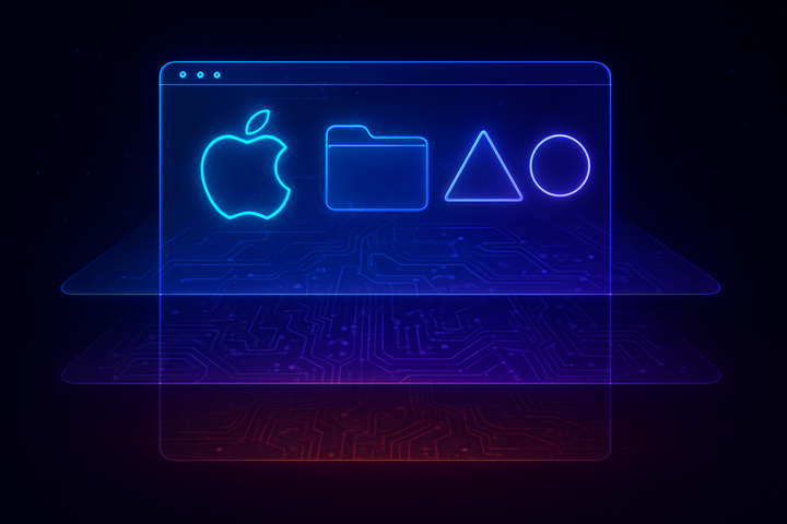 Computer desktop interface in deep space showing perceptual icons above hidden circuitry