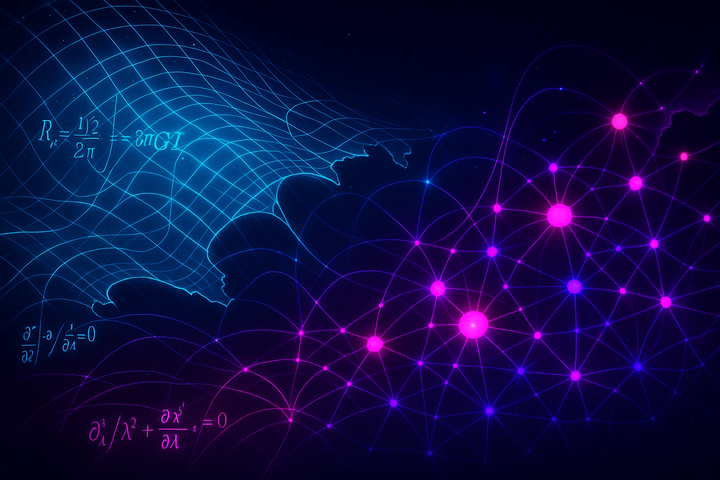 Spacetime manifold dissolving to reveal underlying conscious agent network structure