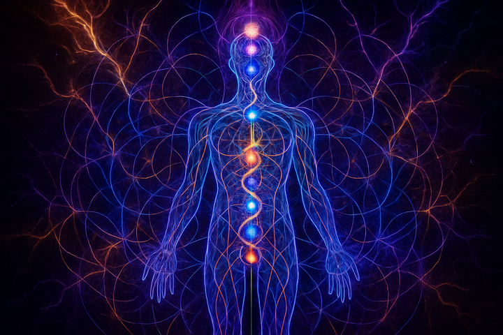Kundalini energy rising through chakra architecture—coherence flow through subtle body topology