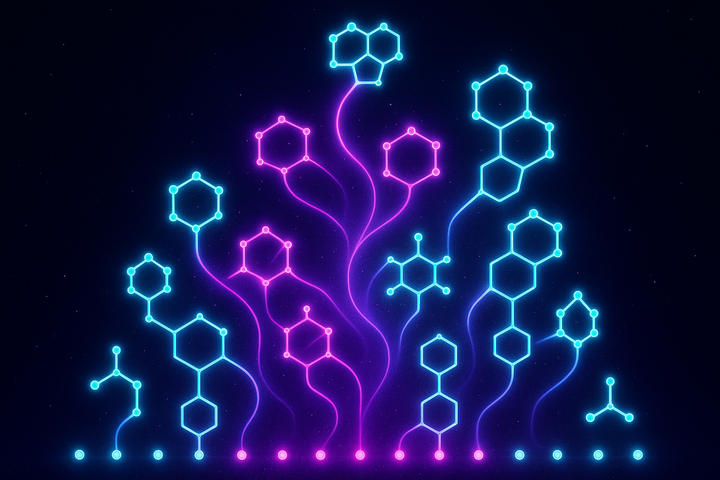 Molecular assembly sequence visualization showing construction history and complexity accumulation