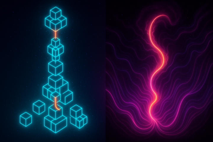 Dual visualization showing assembly construction and free energy landscape converging