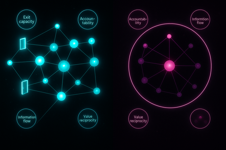 Split visualization showing healthy open network versus harmful closed extractive system