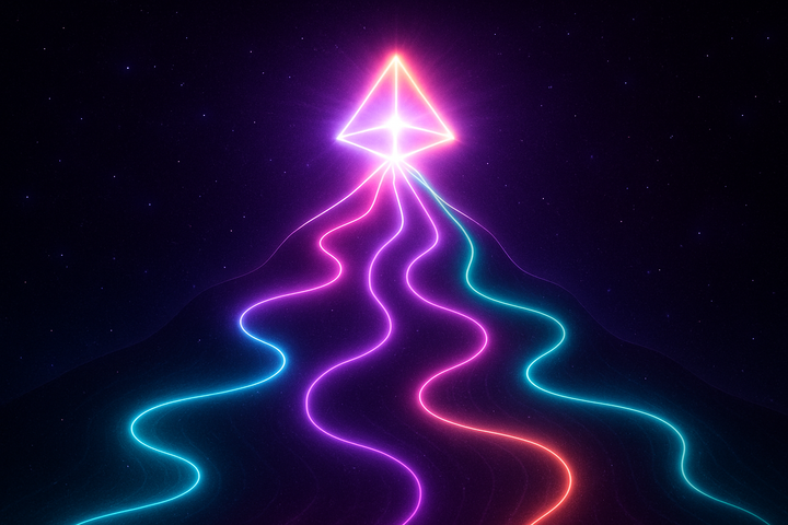 Convergent paths ascending toward shared luminous peak representing different contemplative traditions