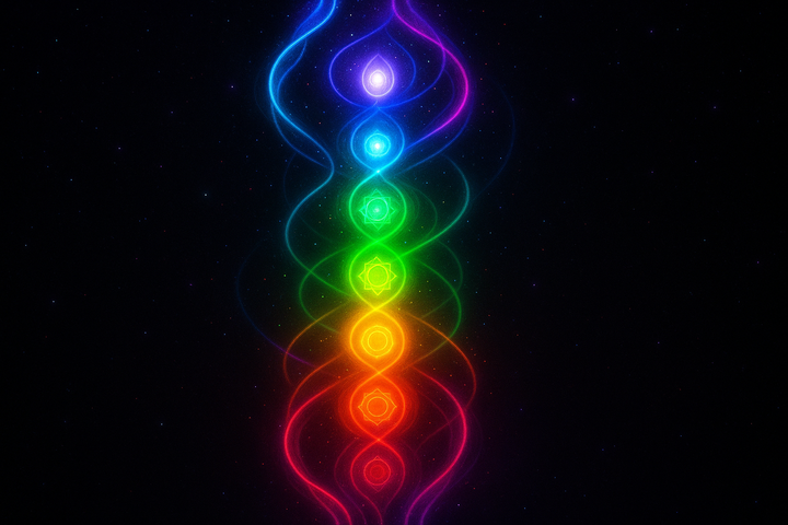 Vertical axis of luminous chakra nodes connected by flowing energy pathways
