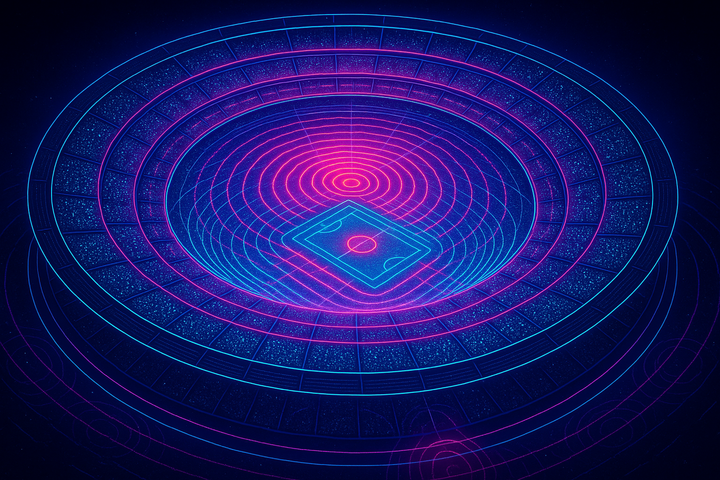 Stadium bowl architecture with synchronized fans pulsing in unified rhythm