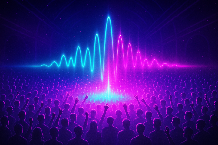 Massive crowd dissolving into unified pulsing waveform at 128 BPM