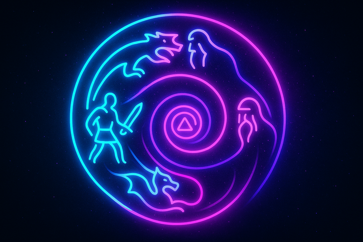 Narrative compression with mythic figures abstracted to archetypal glyphs