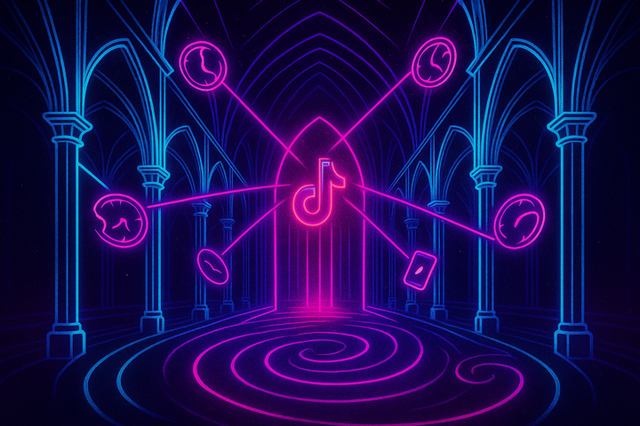 TikTok as sacred temple architecture with algorithm oracle at center