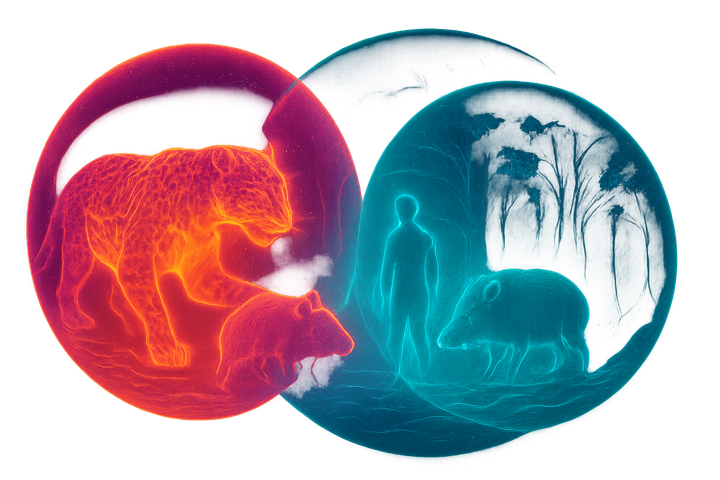 Multiple overlapping perceptual bubbles showing same scene from different bodily perspectives