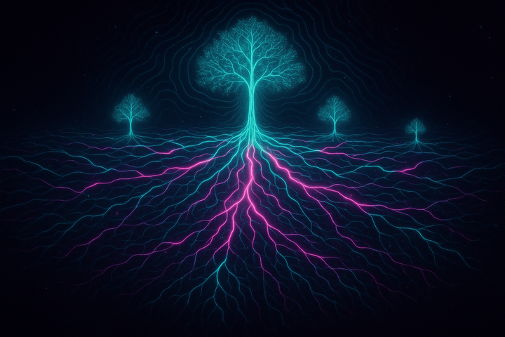 Underground mycorrhizal network connecting tree root systems
