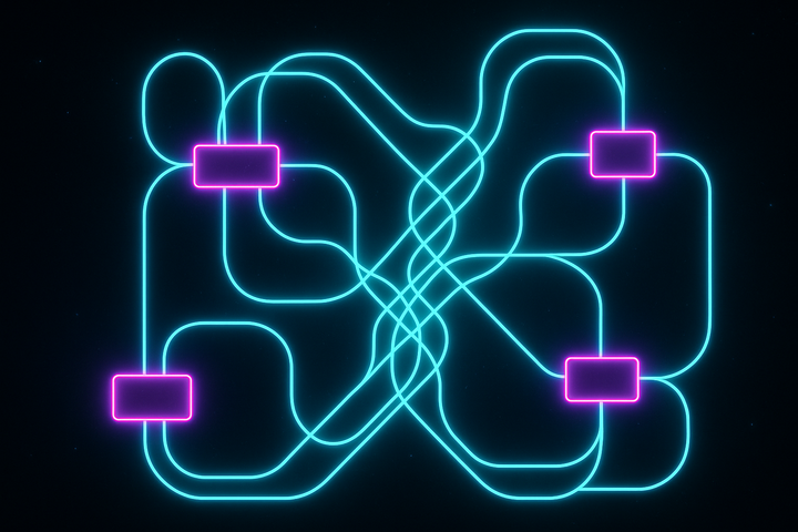 String diagram with flowing wires and boxes—visual categorical calculus
