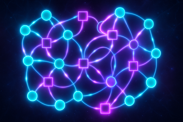Factor graph visualization with variable and factor nodes connected by flowing message pulses