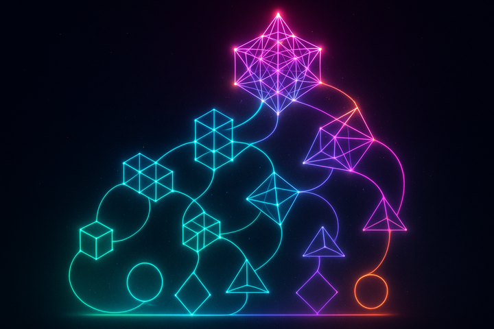 Conceptual assembly visualization showing thought structures building from simple to complex