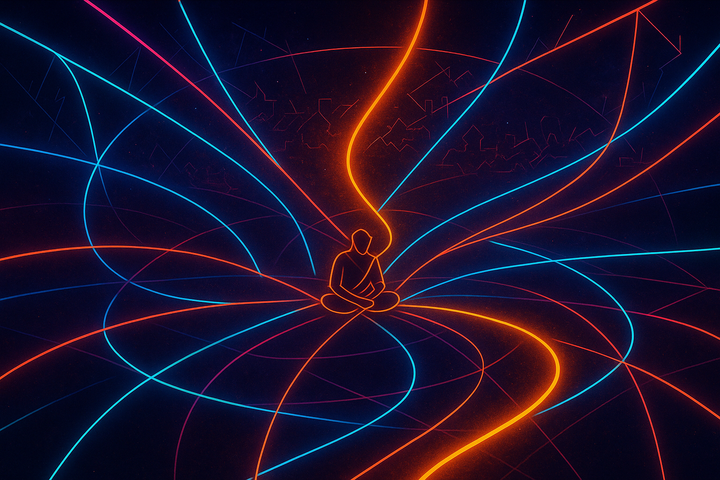 Arjuna at decision point with dharma pathways branching through constraint geometry