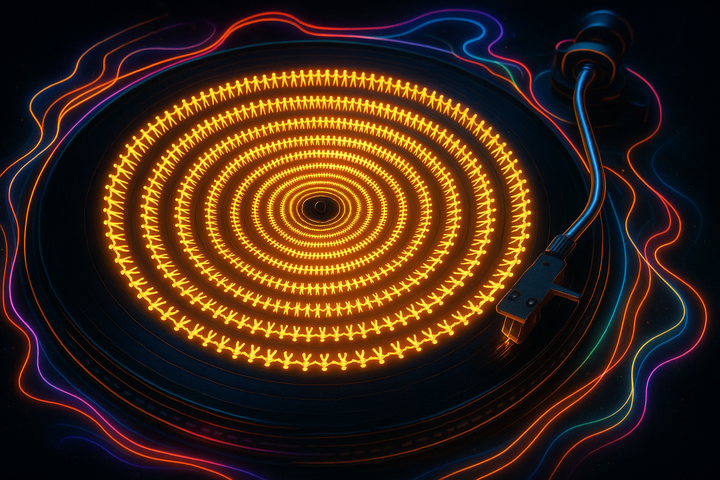 Archaeological stratigraphy of human culture—layered sediments with historical waves, religious spirals, and cultural transmission patterns connected across time