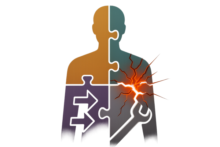 Translucent head with topographical probability manifold inside—peaks, valleys, and geodesic paths of belief space