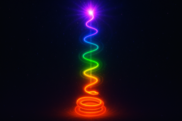 Coiled serpent of luminous energy transforming into rising spiral of integrated light